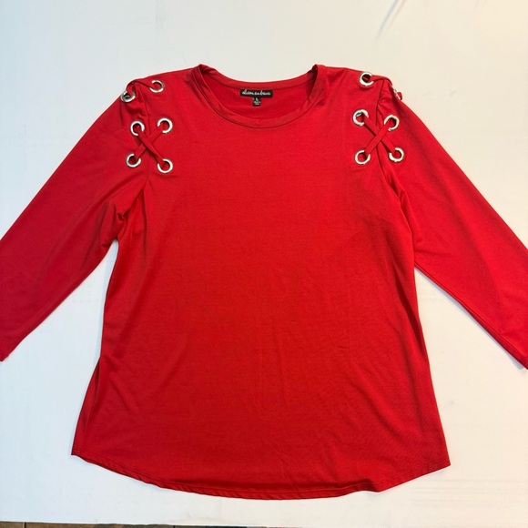 alison andrews Tops - Alison Andrews Red Top Large Grommet Lace-Up Shoulder Long Sleeve Blouse